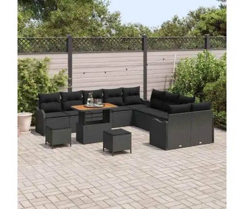 13 Daļu Dārza Dīvānu Komplekts Ar Spilveniem Melns Poli Rotangpalma Akācija Vidaxl