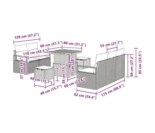 Dārza Dīvānu Komplekts 8 Pcs Pelēka Poliūtu Rotangpalma Vidaxl