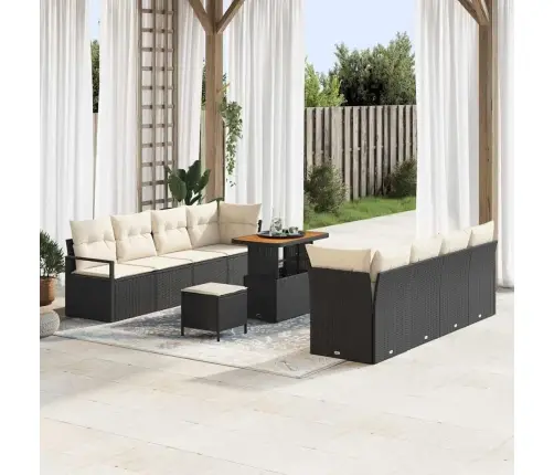 11 Daļu Dārza Dīvānu Komplekts Ar Spilveniem Melnā Poli Rotangpalma Akācijas Vidaxl