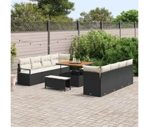 11 Daļu Dārza Dīvānu Komplekts Ar Spilveniem Melnos Polietilēna Rotangpalmas Akāciju Vidaxl