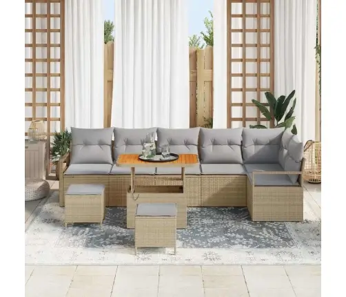 9 Gabalu Dārza Dīvānu Komplekts Ar Spilventiņiem Bēšā Poliru Rotangpalmas Akāciju Vidaxl