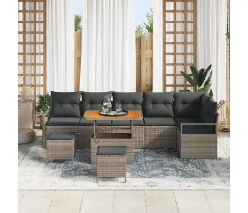 Sodo Sofų Rinkinys Su Pagalve 9 Pcs Pilka Poli Ratanas