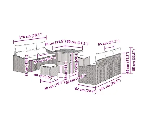 Dārza Dīvānu Komplekts 9 Pcs Pelēka Poliūtu Rotangpalma Vidaxl