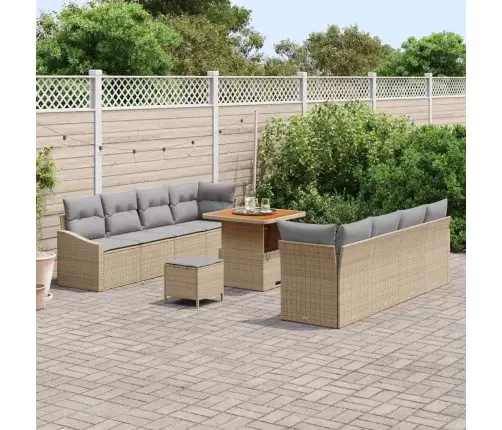 11 Daļu Dārza Dīvānu Komplekts Ar Spilveniem, Bēšs, Poli Rotangpalma, Akācija Vidaxl