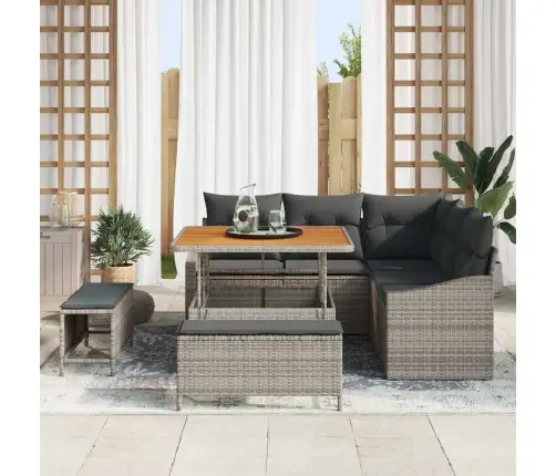 Sodo Sofų Rinkinys Su Pagalve 8 Pcs Pilka Poli Ratanas