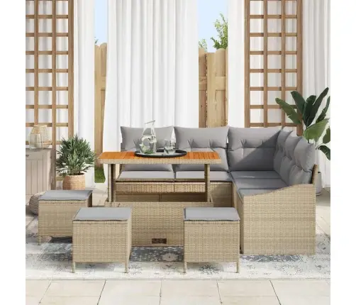 9 Daļu Dārza Dīvānu Komplekts Ar Spilveniem Bēšs Poli Rotangpalma Akācija Vidaxl