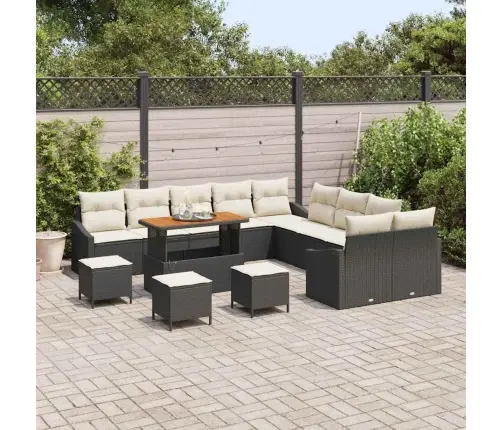 14 Daļīgs Dārza Dīvānu Komplekts Ar Spilveniem Melns Polietilēna Rotangpalma Akācija Vidaxl