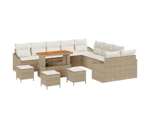 14 Daļu Dārza Dīvānu Komplekts Ar Spilveniem Bēšā Poliratanā Akācija Vidaxl