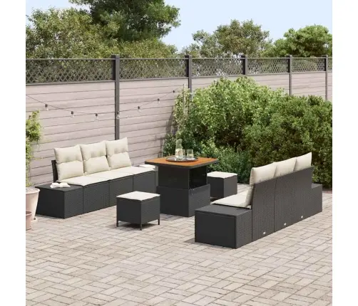 9 Daļu Dārza Dīvānu Komplekts Ar Spilveniem Melnā Poli Ratanā Akācijas Vidaxl