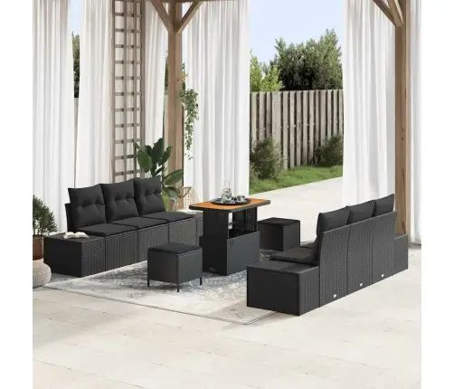 9 Daļu Dārza Dīvānu Komplekts Ar Spilveniem Melnā Poli Rotangpalmas Akāciju Vidaxl