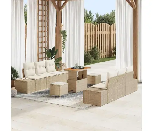 9 Daļu Dārza Dīvānu Komplekts Ar Spilveniem Bēšs Poli Rotangpalma Akācija Vidaxl