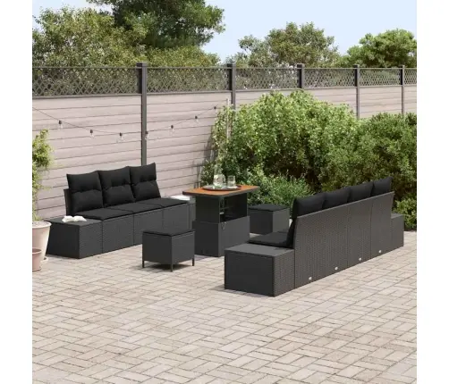 10 Gabalu Dārza Dīvānu Komplekts Ar Spilveniem Melns Poli Rotangpalma Akācija Vidaxl