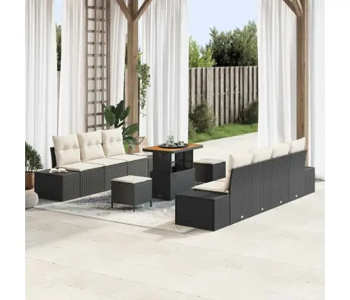 Sodo Sofų Rinkinys Su Pagalve 10 Pcs Juoda Poliratanas