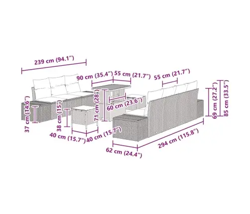 10 Gabalu Dārza Dīvānu Komplekts Ar Spilveniem Bēšs Poli Rotangpalma Akācija Vidaxl