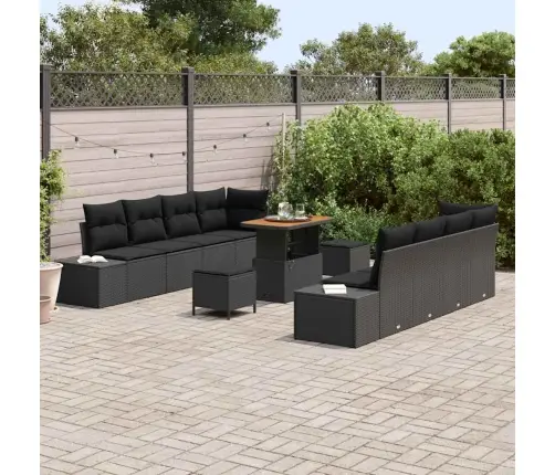 11 Daļu Dārza Dīvānu Komplekts Ar Spilveniem Melnā Krāsā Polirotangpalmas Akācija Vidaxl