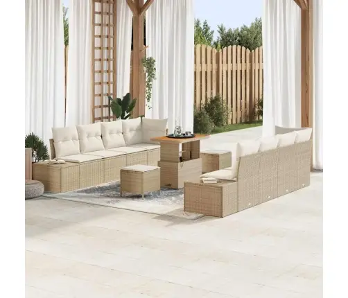 11 Daļu Dārza Dīvānu Komplekts Ar Spilveniem Bēša Poli Rotangpalmas Akācija Vidaxl