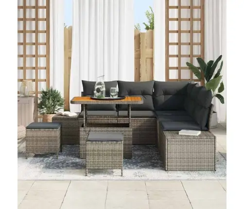 8 Gab. Dārza Dīvānu Komplekts Ar Spilveniem Pelēkā Poli Rotangpalmas Akācijas Vidaxl