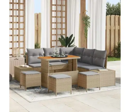 9 Gabalu Dārza Dīvānu Komplekts Ar Spilveniem, Bēšs, Poli Rotangpalma, Akācija Vidaxl