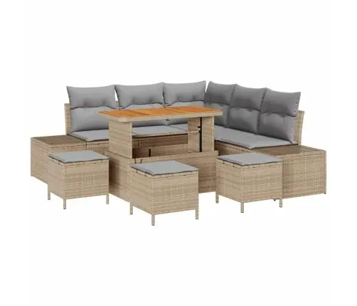 9 Gabalu Dārza Dīvānu Komplekts Ar Spilveniem, Bēšs, Poli Rotangpalma, Akācija Vidaxl