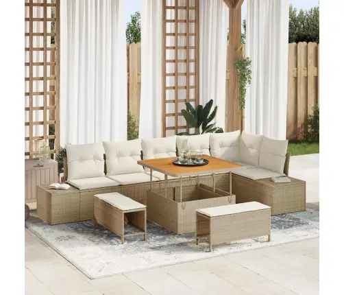 9 Daļīgs Dārza Dīvānu Komplekts Ar Spilveniem Bēšā Poli Rotangpalmas Akācijā Vidaxl