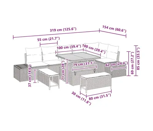 9 Daļīgs Dārza Dīvānu Komplekts Ar Spilveniem Bēšā Poli Rotangpalmas Akācijā Vidaxl