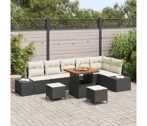 9 Daļu Dārza Dīvānu Komplekts Ar Spilveniem, Melns, Poli Rattan, Akācija Vidaxl