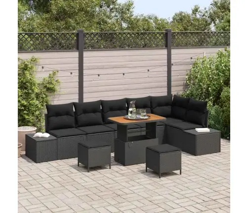 9 Gab. Dārza Dīvānu Komplekts Ar Spilveniem, Melna Poli Rotangpalma Akācija Vidaxl
