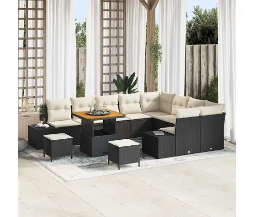 12 Gab. Dārza Dīvānu Komplekts Ar Spilveniem Melnajā Polietilēna Rotangpalmas Un Akāciju Koka Vidaxl