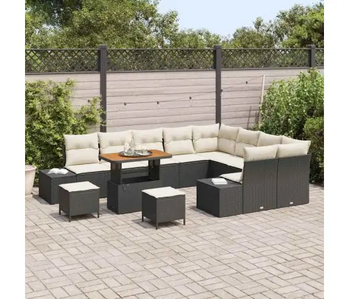 12 Daļu Dārza Dīvānu Komplekts Ar Spilveniem Melnā Polietilēna Rotangpalma Un Akācija Vidaxl