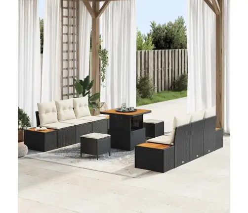 9 Daļu Dārza Dīvānu Komplekts Ar Spilveniem Melnā Poli Rotangpalmas Un Akācijas Vidaxl