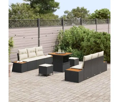 9 Daļu Dārza Dīvānu Komplekts Ar Spilveniem Melnā Poli Rotangpalmas Un Akācijas Vidaxl