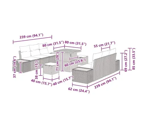 9 Daļu Dārza Dīvānu Komplekts Ar Spilveniem Melnā Poli Rotangpalmas Un Akācijas Vidaxl