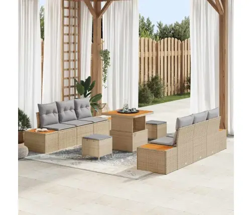 9 Daļu Dārza Dīvānu Komplekts Ar Spilveniem Bēša Poli Rotangpalma Akācijā Vidaxl