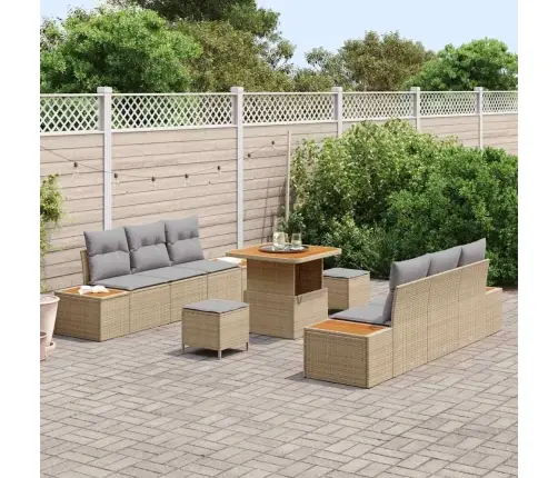 9 Daļu Dārza Dīvānu Komplekts Ar Spilveniem Bēša Poli Rotangpalma Akācijā Vidaxl