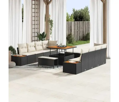 11 Daļīgu Dārza Dīvāna Komplektu Ar Spilveniem Melns Polietilēna Rotangpalma Akācija Vidaxl