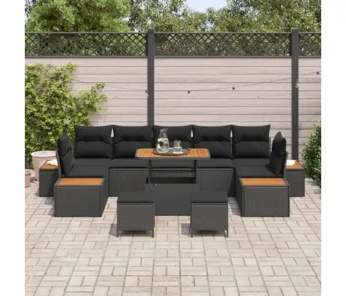10 Gab. Dārza Dīvānu Komplekts Ar Spilveniem Melnā Poliratinā Akācijas Vidaxl