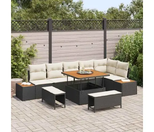 9 Daļu Dārza Dīvānu Komplekts Ar Spilveniem Melnā Rotangpalma Un Akācija Vidaxl