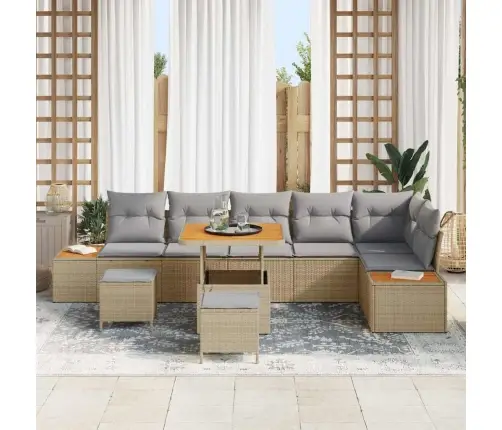 9 Daļu Dārza Dīvānu Komplekts Ar Spilveniem Bēšs Poli Rotangpalma Akācija Vidaxl