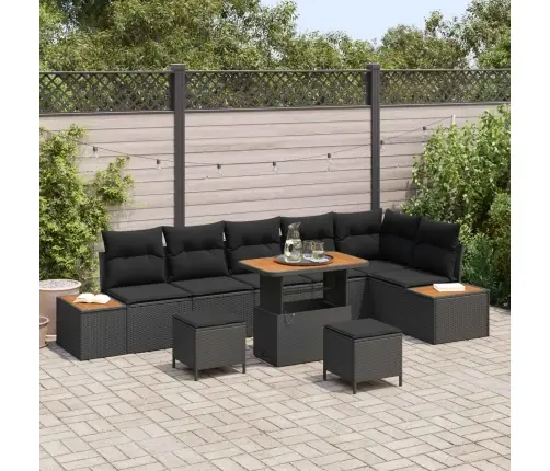 9 Gab. Dārza Dīvānu Komplekts Ar Spilveniem Melnā Poliratanā Akācijā Vidaxl