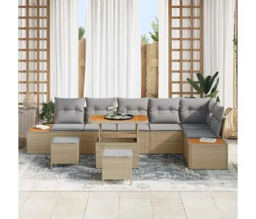 9 Gab. Dārza Dīvānu Komplekts Ar Spilveniem Bēšs Polietilēna Rotangpalma Akācija Vidaxl