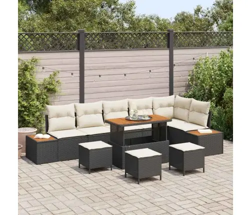 10 Gab. Dārza Dīvānu Komplekts Ar Spilveniem, Melns, Polietilēna Rotangpalmas, Akācija Vidaxl