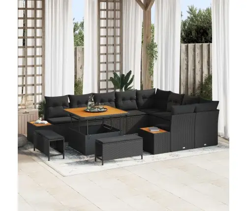 12 Daļu Dārza Dīvānu Komplekts Ar Spilveniem Melnā Poliratanā Akācijas Vidaxl