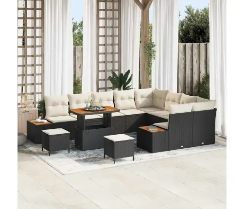 12 Daļu Dārza Dīvānu Komplekts Ar Krēmkrāsas Spilveniem Melnā Polietilēna Rotangpalmas Un Akācijas Vidaxl