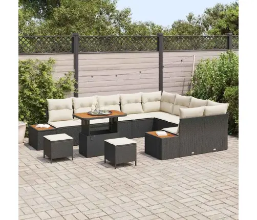 12 Daļu Dārza Dīvānu Komplekts Ar Krēmkrāsas Spilveniem Melnā Polietilēna Rotangpalmas Un Akācijas Vidaxl