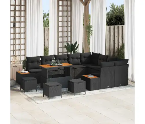 13 Daļu Dārza Dīvānu Komplekts Ar Spilveniem Melnā Poliratanā Akācijas Vidaxl