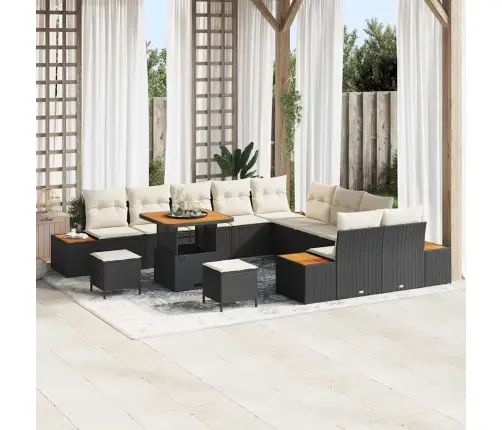 13 Gabalu Dārza Dīvāna Komplekts Ar Spilveniem Melns Polietilēna Rattan Akācija Vidaxl