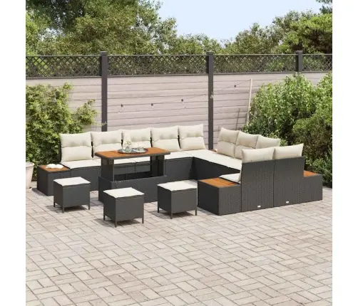 14 Gab. Dārza Dīvāna Komplekts Ar Spilveniem Melns Polietilēna Rotangpalma Akāciju Vidaxl