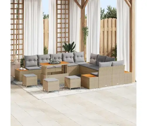 14 Gab. Dārza Dīvānu Komplekts Ar Spilveniem Bēšs Polietilēna Rotangpalma Akāciju Vidaxl