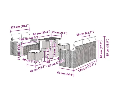 8 Gabalu Dārza Dīvānu Komplekts Ar Spilveniem Melnās Poli Rotangpalmas Akāciju Vidaxl