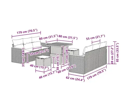 9 Daļu Dārza Dīvānu Komplekts Ar Spilveniem Bēšs Poli Rotangpalma Akācija Vidaxl
